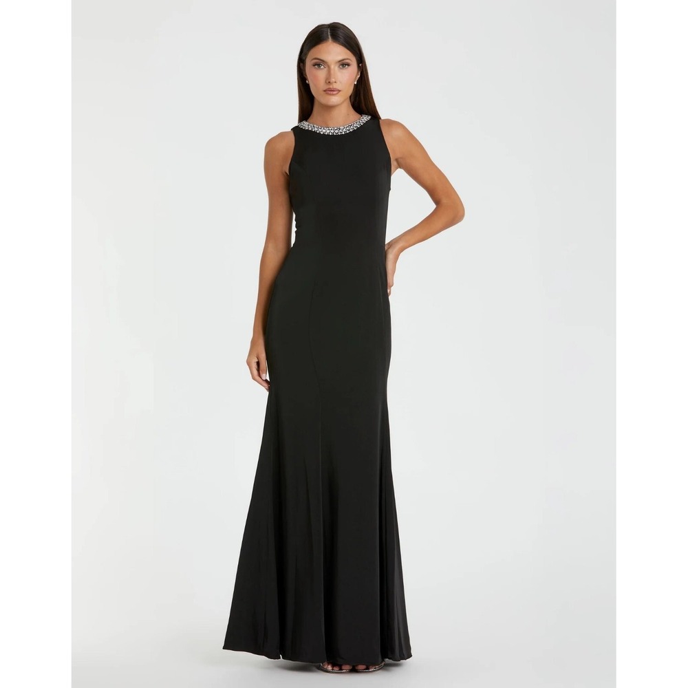 NWT  Mac Duggal 49093 Black Embellished Neck Trumpet Maxi Dress Size 2 - $358
